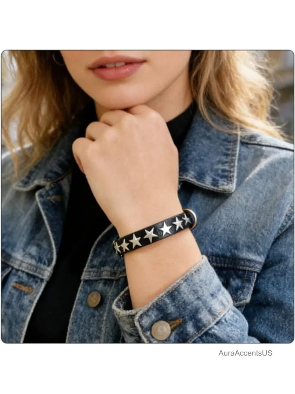 Punk Rock Gothic Biker Adjustable Leather Cuff Bracelet with Star Studded Metal
